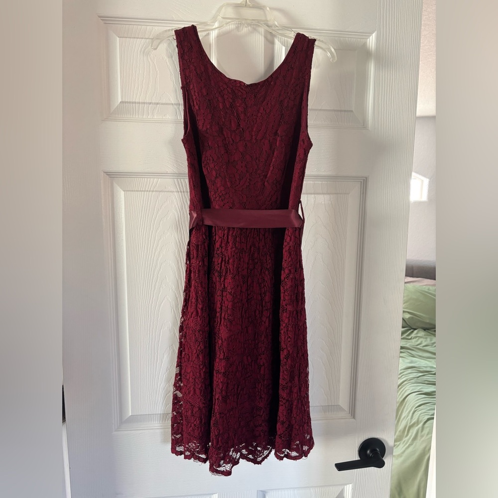 Coco Love Burgundy Belted Lace Overlay Dress - Size Medium
